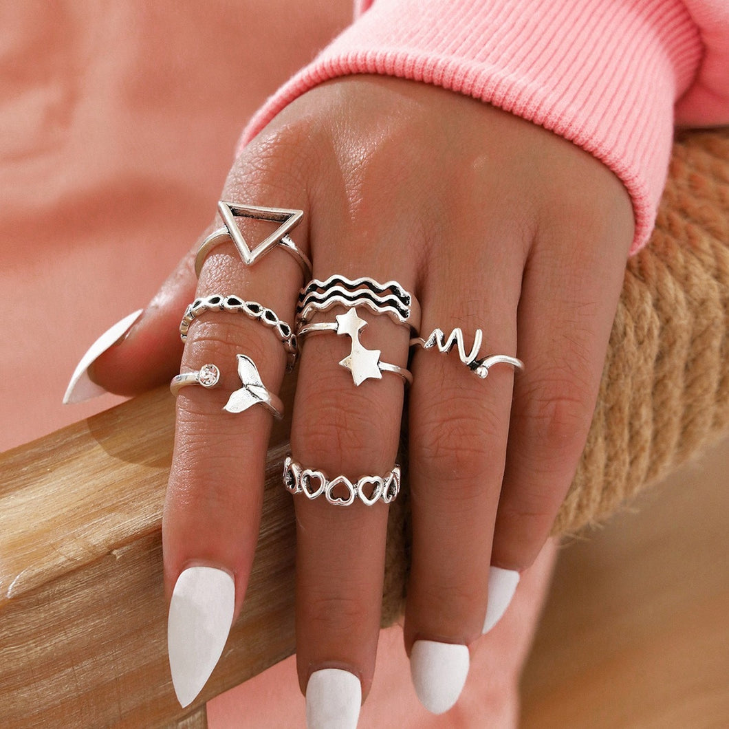 Retro Silver Color Mermaid Tail Rings Set Ocean Wave Geometric Triangle Star Heart Infinity Charm Minimalist Finger Joint Bands