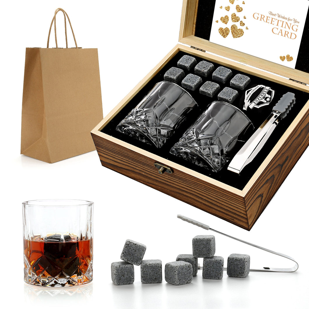 Whiskey Stones & Glasses Set, Granite Ice Cube for Whisky, Whiski Chilling Rocks in Wooden Box, Best Gift for Dad Husband Men