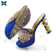Load image into Gallery viewer, 2021 New Arrival Royal Blue Color Shinning PU material Ladies Shoes and Bag Set Decorated with Colorful Rhinestone for Party
