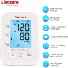 Load image into Gallery viewer, Sinocare Blood Pressure Monitor Tensiometer Upper Arm Automatic Digital BP Machine Pulse Heart Rate Meter 3 Color LCD Display
