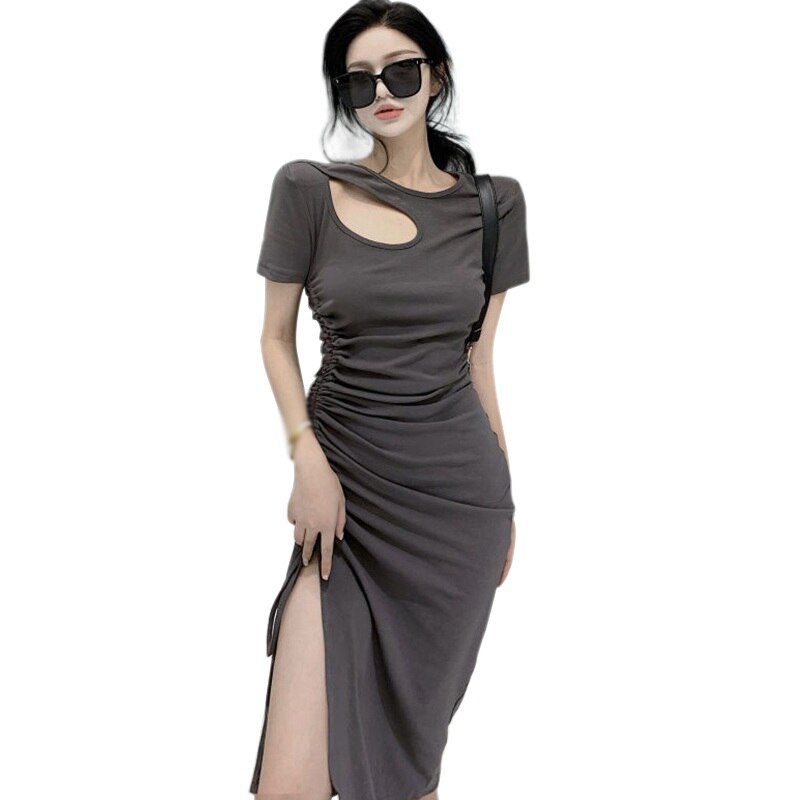 Women Summer Slim French Slit Mid-length Dress Women's Tunic Drawstring Dress
