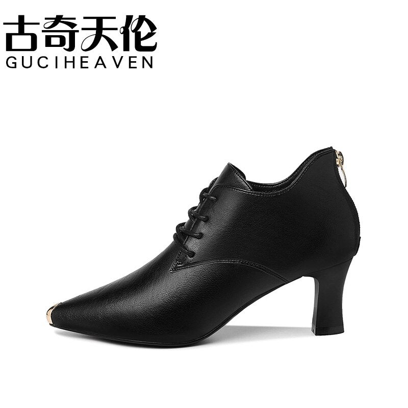 Ladies pointed toe thick heel shoes Lace-up solid color women's shoes