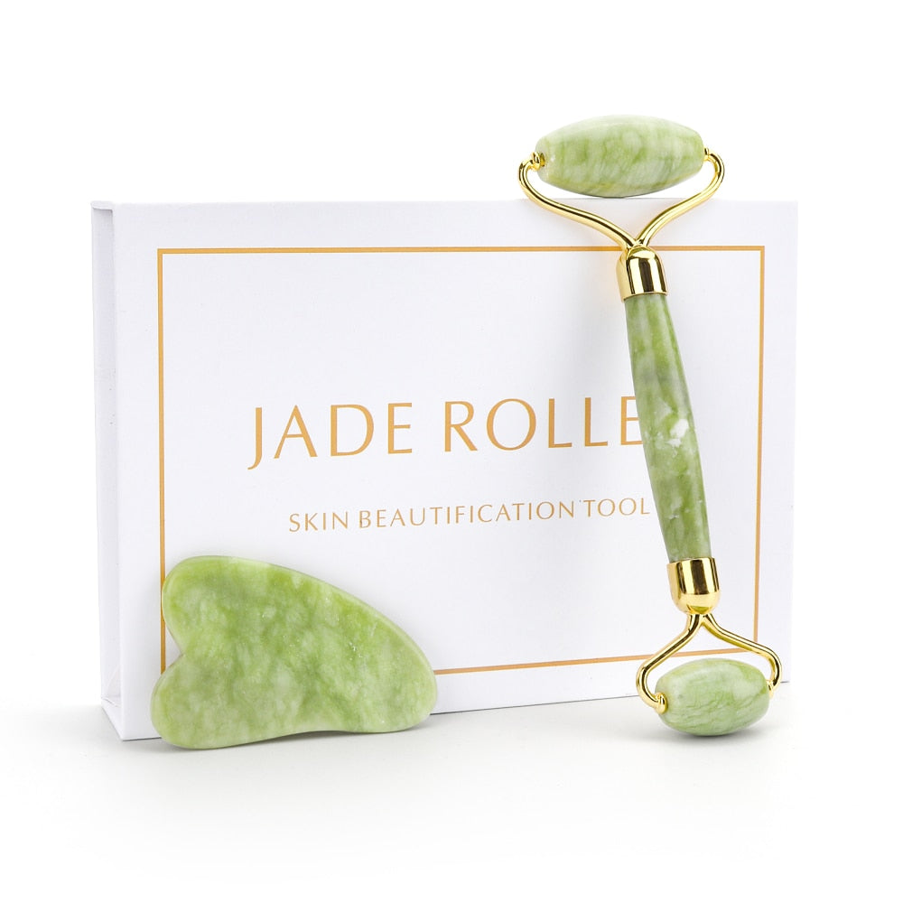 Natural Jade Roller Thin Face Massager Lifting Tools Slim Facial Gua Sha Green Stone Anti-aging Wrinkle Skin Beauty Care Set Box