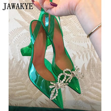 Load image into Gallery viewer, Green PVC Crystal Women Sandals Runway Rhinestone Compass Strange Heel Slingback Party Shoes Sexy Pointy Toe Bride Wedding Shoes
