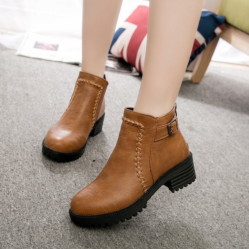 Women's Ankle Boots Zipper Square heel Vintage Print Leather Shoes for Women Buckle Strap Round Toe Casual Short Boots Shoes