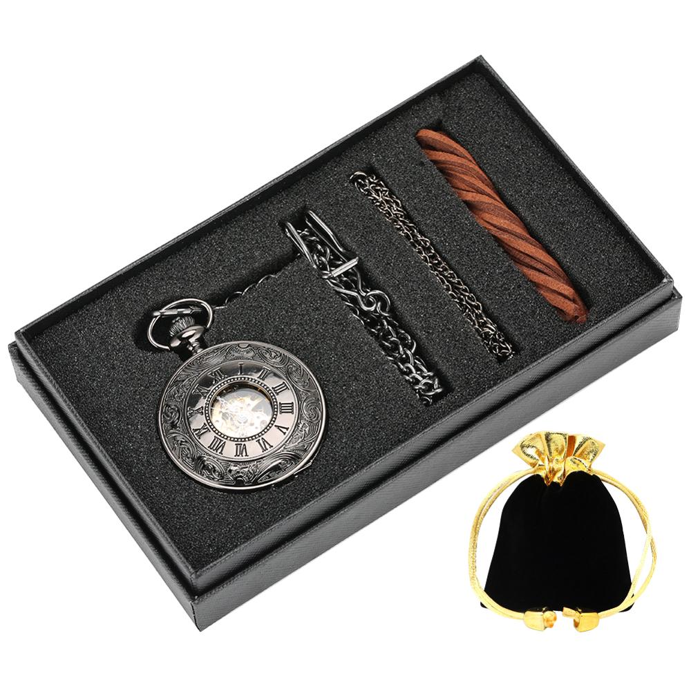 Steampunk Hand Winding Mechanical Black Pocket Watch Fob Pendant Mens Womens Box Bag