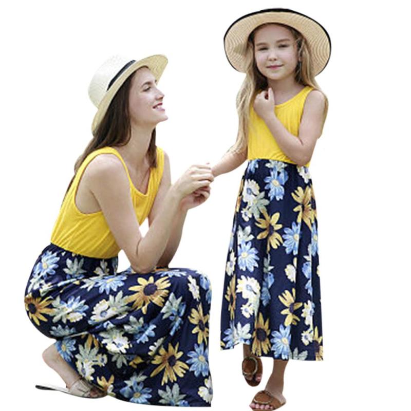 Summer Mother Daughter Sundress Parent-child Dress Casual Patchwork Outfits Flowers Print Polyester Family Matching Outfits
