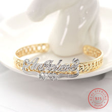 Load image into Gallery viewer, AurolaCo 925 Sterling Silver Customized Name Bangle Name Bracelet Gold-plated Nameplate Personalized Bracelet
