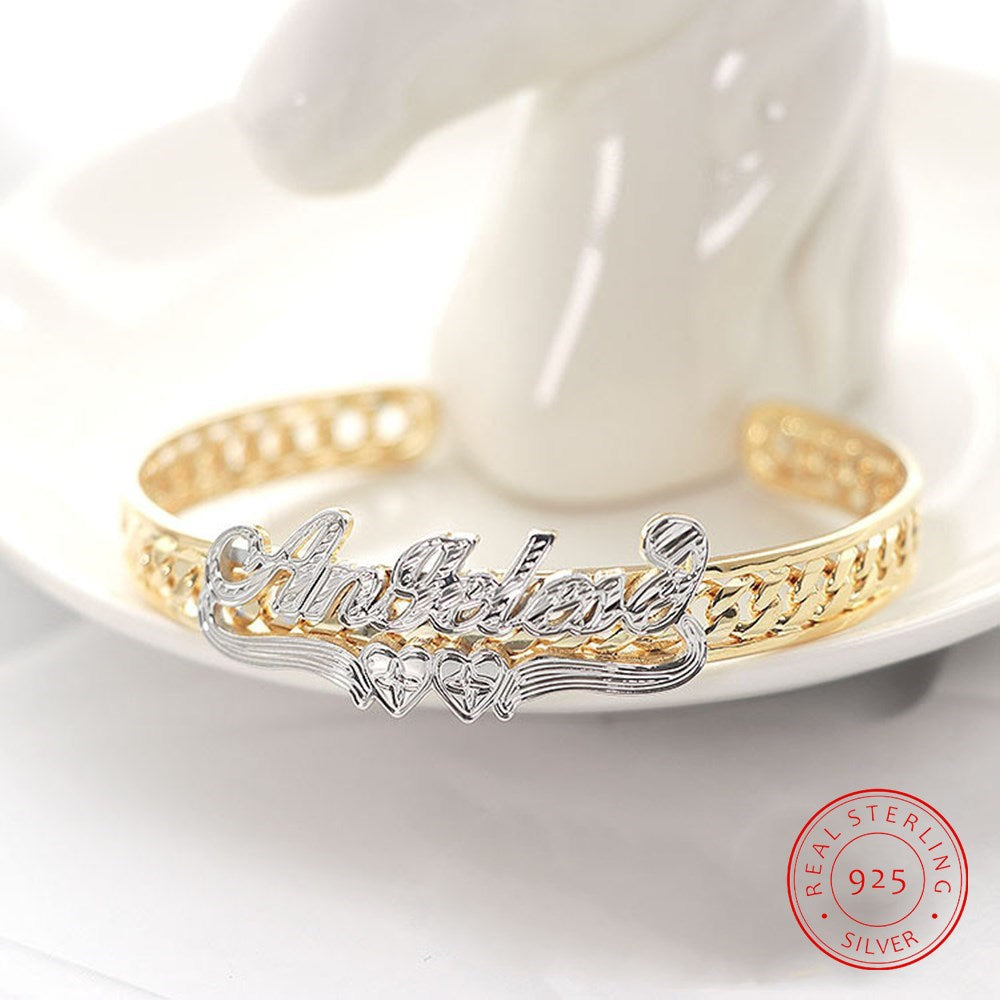 AurolaCo 925 Sterling Silver Customized Name Bangle Name Bracelet Gold-plated Nameplate Personalized Bracelet