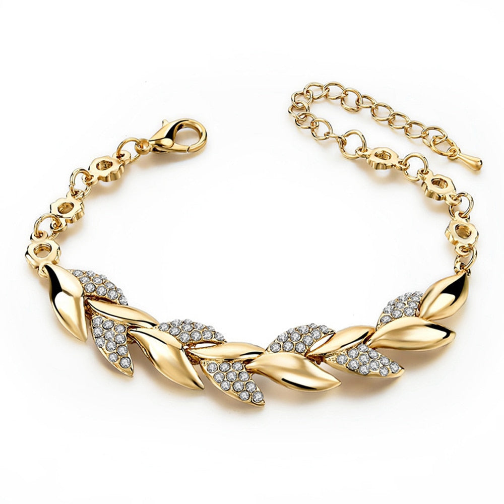 Bohemian Style Women Girls Gold Bracelet Rhinestone Leaves Chain Bangle Luxury Wedding Jewelry Simple Fashion Elegant New