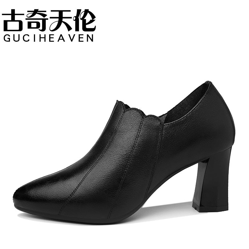 Ladies winter pointed toe thick heel single shoes deep mouth solid color shoes women