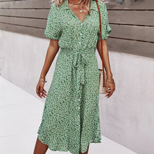 Load image into Gallery viewer, Floral Dress Women Casual Print Dress V-Neck Midi Dresses Female Short Sleeve Button Loosed Dress Summer Holiday Beach Vestidos
