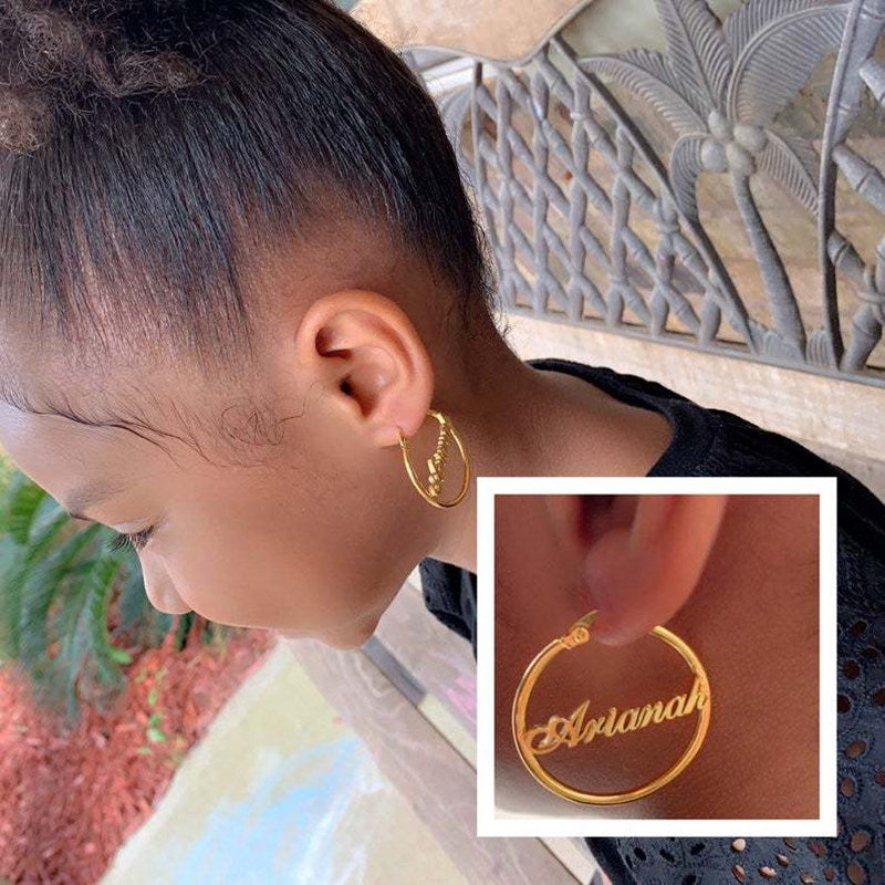 AurolaCo Earring for Kids Custom Hoop Earrings Personalize Name Earrings Stainless Steel 30mm Earring For Girl Jewelry Gift
