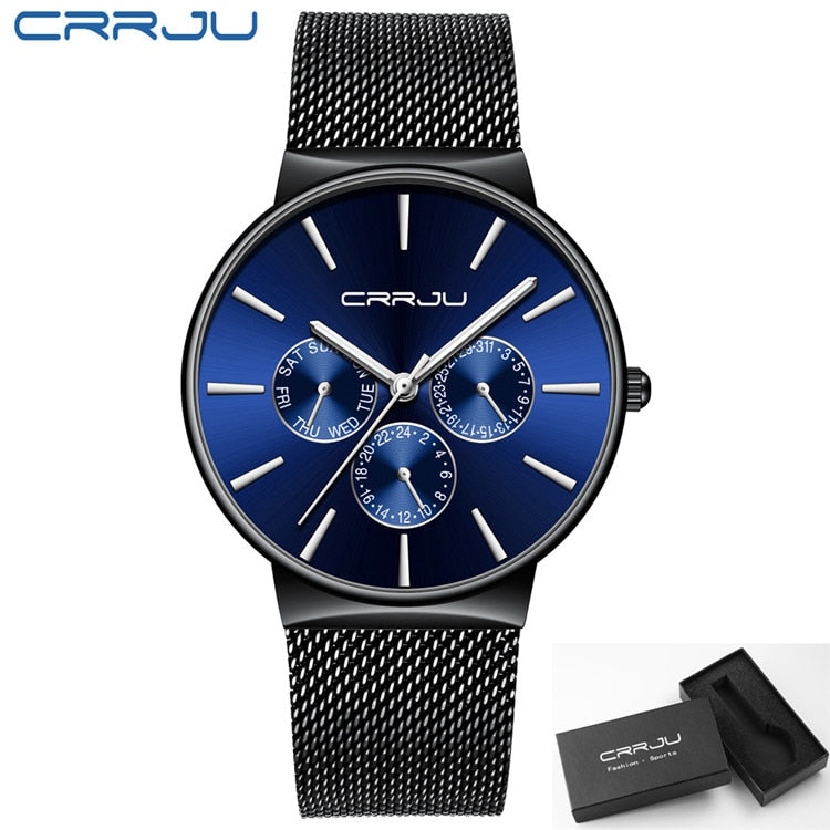 Men Watches CRRJU Top Brand Luxury Waterproof Watch for Male Slim Date WristWatch Mesh Strap Casual Quartz Clock reloj hombre