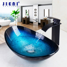 Load image into Gallery viewer, JIENI Tempered Glass Hand Painted Waterfall Spout Basin Black Tap Bathroom Sink Washbasin Bath Brass Set Faucet Mixer Taps Blue
