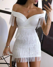 Load image into Gallery viewer, White Fringe Celebrity Evening Runway Party Dress Women Sexy Tassels Short Sleeve Club Dress Vestidos
