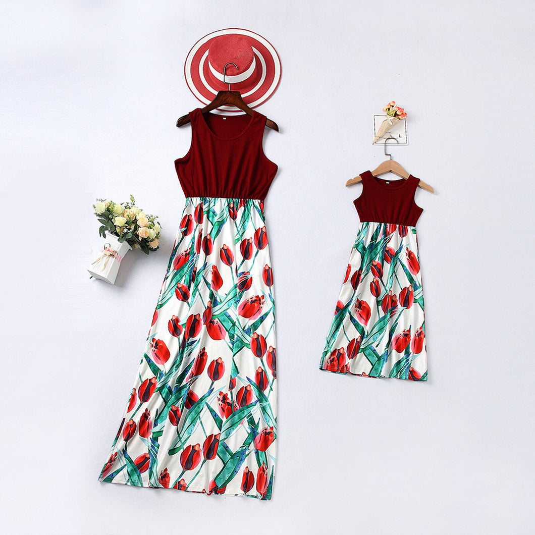 2021 Summer Woman Dress Plus Size Bohemian Mommy And Me Sleeveless Flower Print Maxi Dresses Family Summer Matching Set Clothes