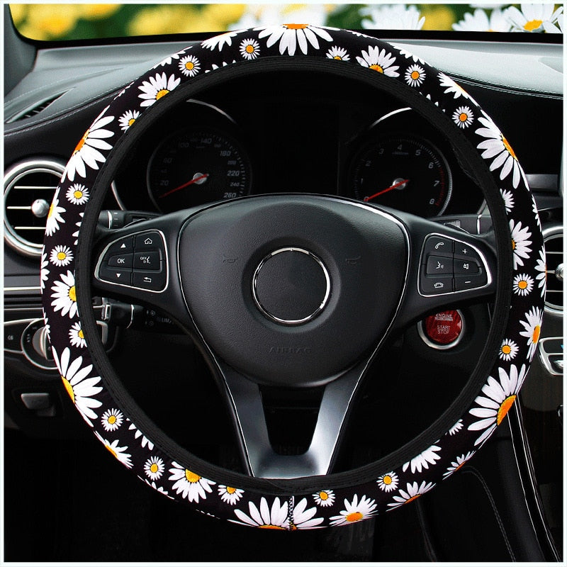 37-38cm Car Steering Wheel Cover Daisy Flower Auto Interior Decoration Knitted Steering Wheel Cover Universal Car Accessories