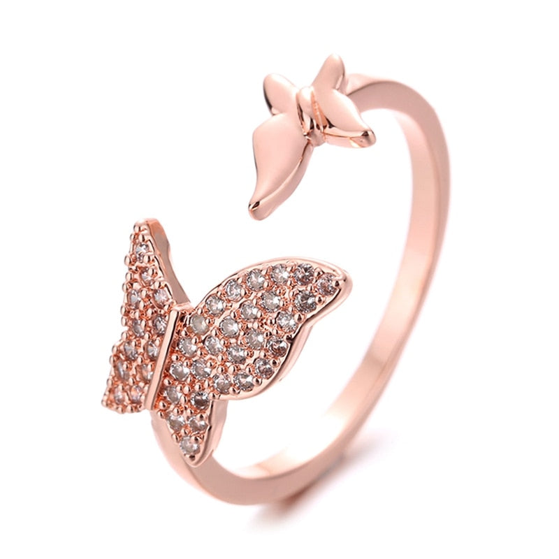 Trendy Jewelry Butterfly Finger Rings Hot Selling Popular Design Metal Golden Plating High Quality Clear Women Finger Ring Gift