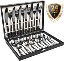 Load image into Gallery viewer, 24PCS Cutlery Set Stainless Steel Dinnerware Set Black Gold Flatware Set Tableware Spoon Set Party Dinner Wooden Gift Box
