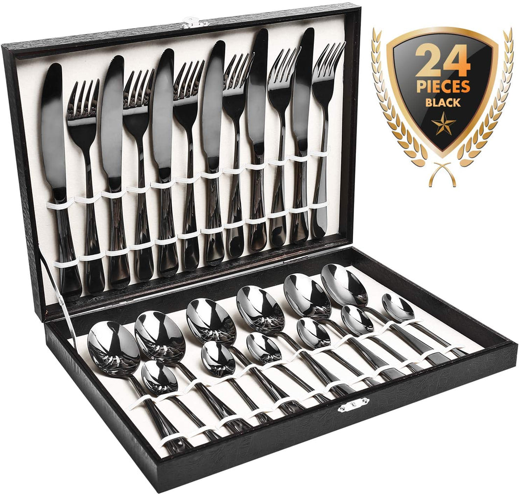 24PCS Cutlery Set Stainless Steel Dinnerware Set Black Gold Flatware Set Tableware Spoon Set Party Dinner Wooden Gift Box
