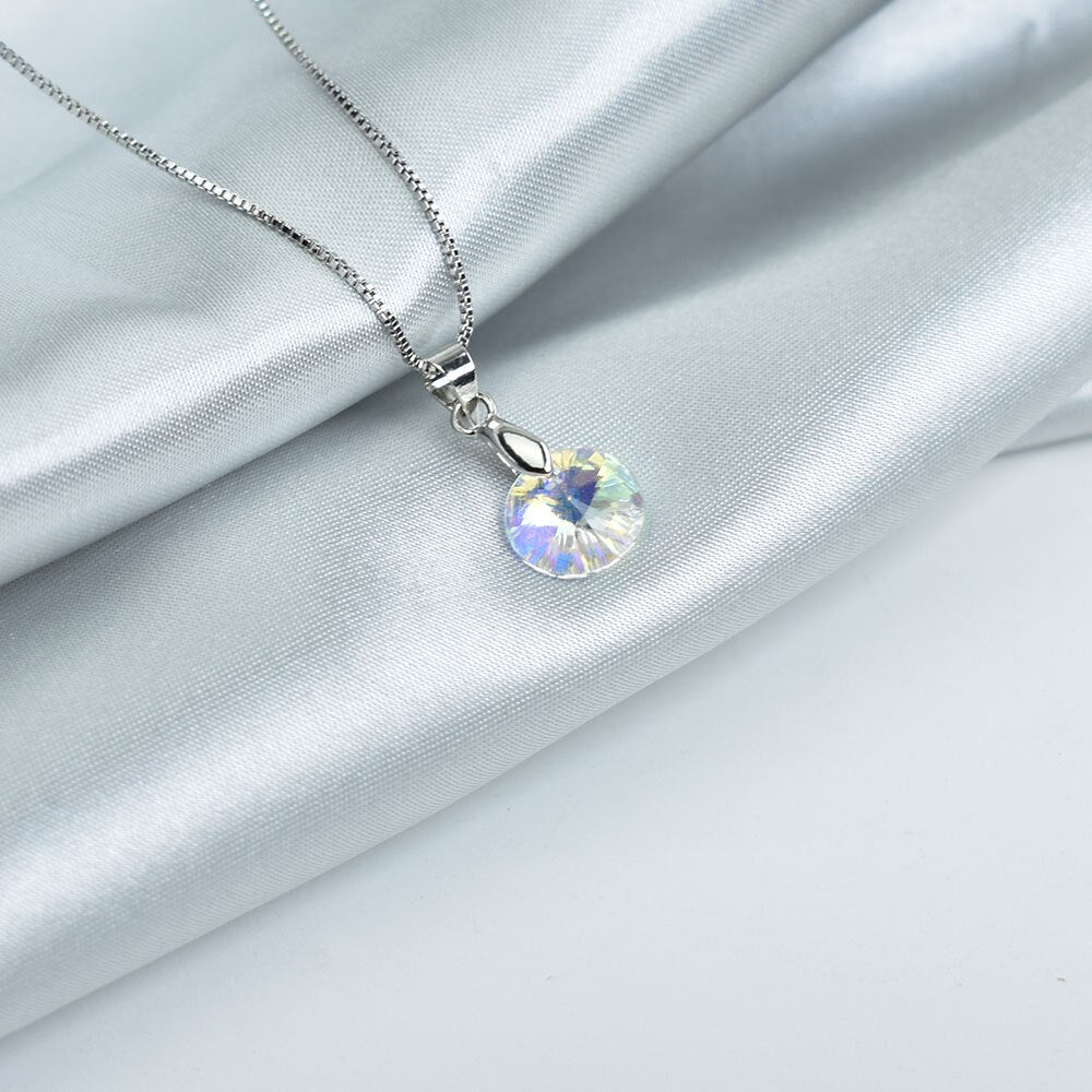 Geometric Round Crystal Pendant Necklace For Women Silver Color Chain Necklaces Wedding Jewelry Gift collier femme