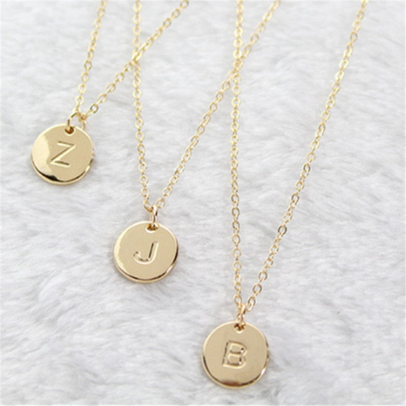 2021 Initial Letters Pendant Necklace For Woman Cute Gold Color Engraved Sequins Alloy Round Necklace Minimalistic Jewelry