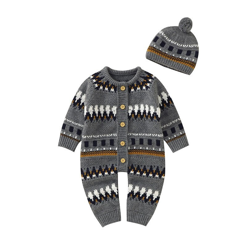 FOCUSNORM 0-18M Newborn Baby Boy Girl Sweater Rompers Long Sleeve Knitting Single Breasted Patchwork Autumn Winter Jumpsuit