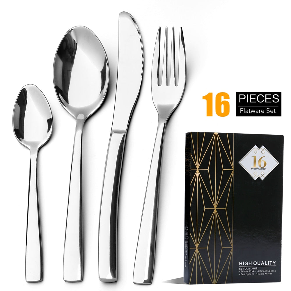 16 PCS Gold Cutlery Set Flatware Set Mirror Polishing Cutlery Sets Stainless Steel Polish Dinnerware Spoons/Knives/Fork Gift Box