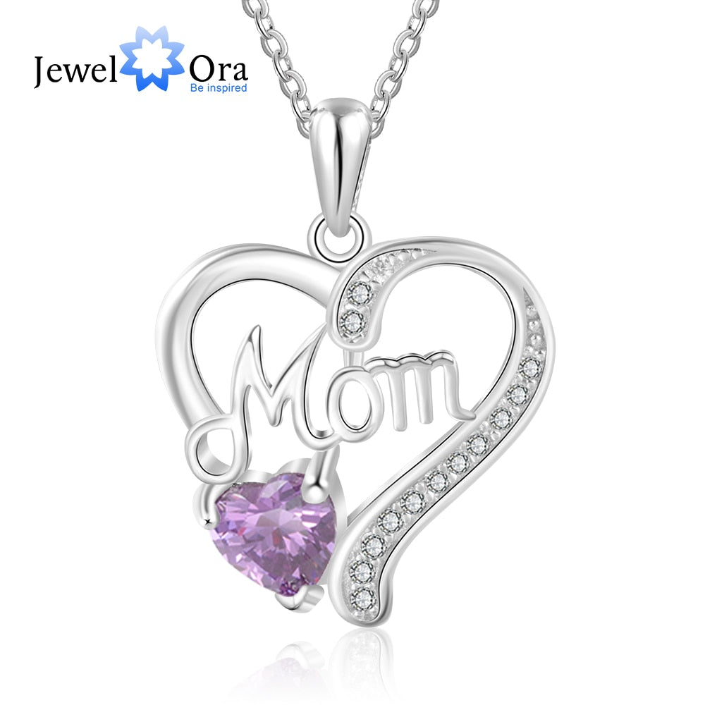 JewelOra Personalized Heart Necklace with Custom 12 Colors Birthstone Elegant Zirconia Mom Pendent Necklace Mothers Day Gift