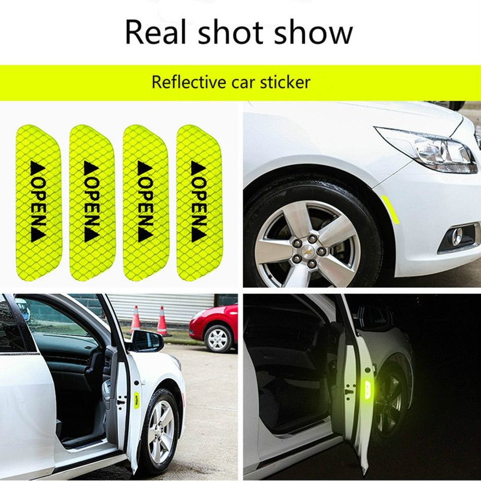 4pcs/Set Car Door Reflective Stickers Door Sticker Decal Warning Tape Mark OPEN Sign Safety Notice Car Accessories Exterior