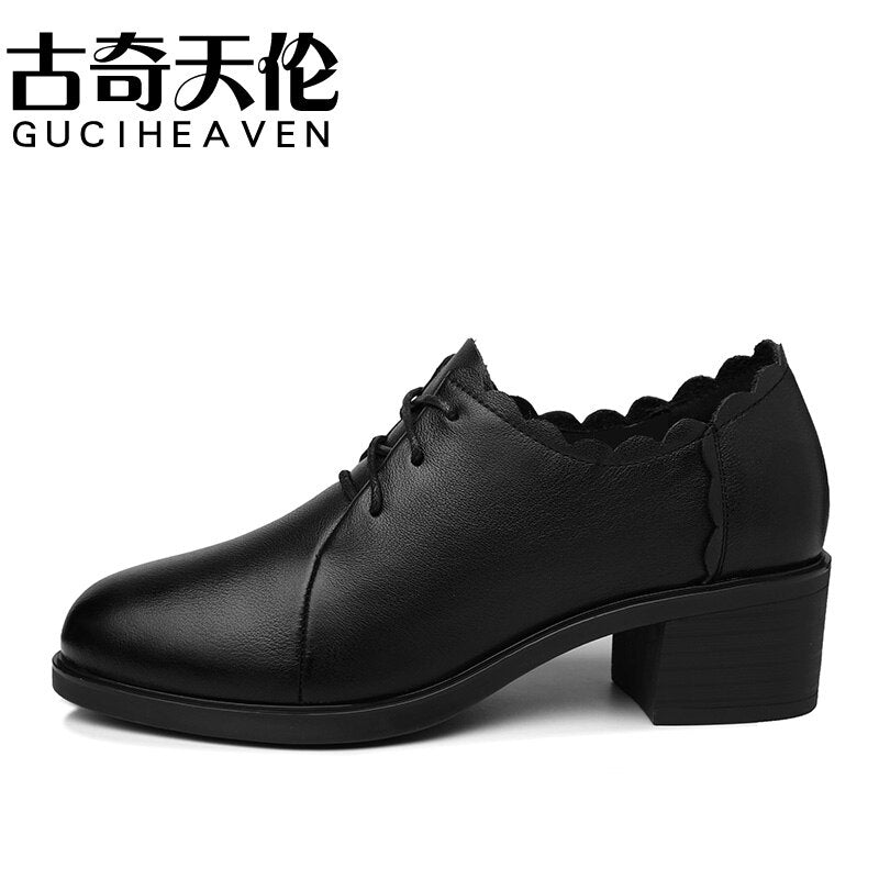 Ladies winter round toe thick-heeled single shoes, lace-up solid color shoes, women