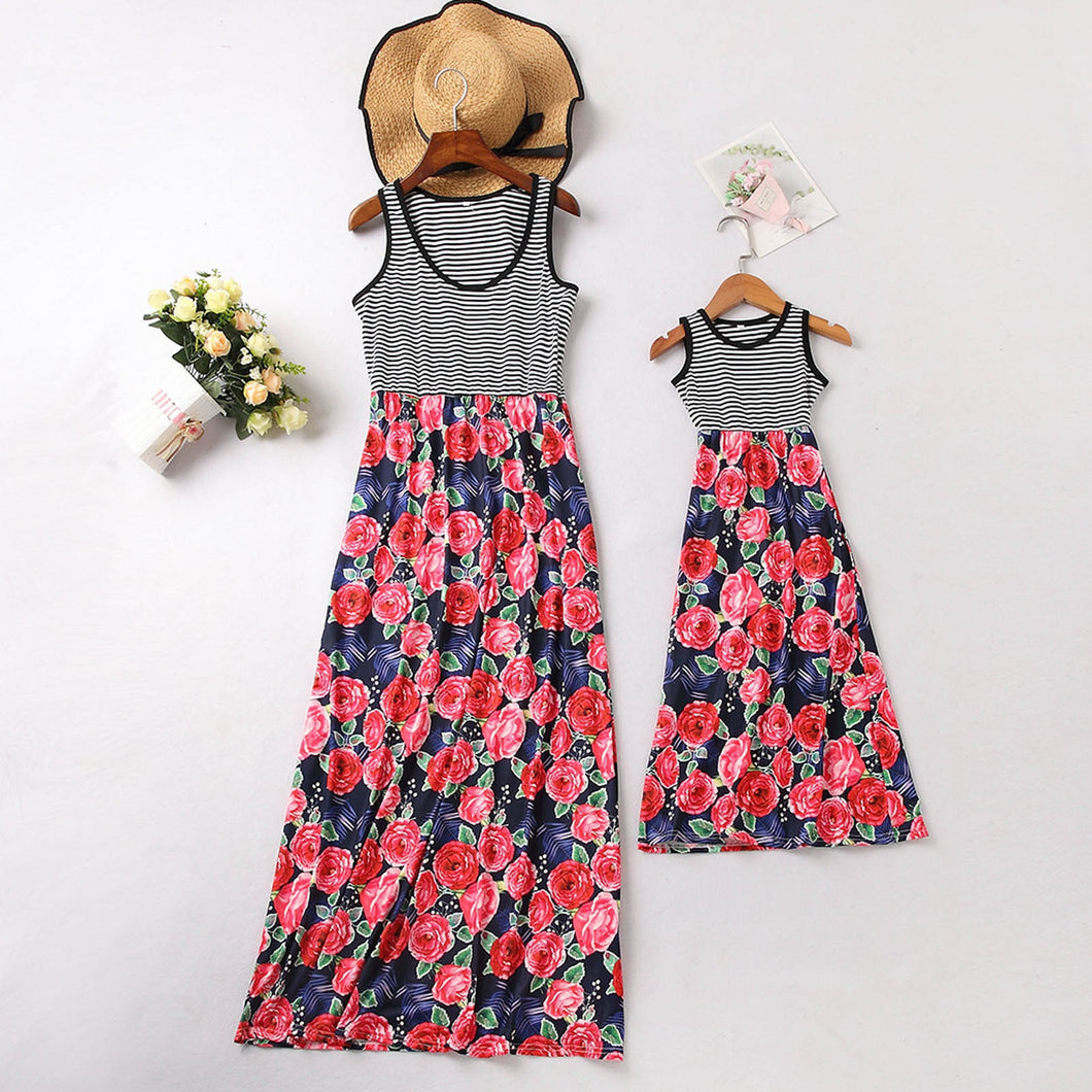 Family matching outfits Dresses 2021 Summer Clothes Mommy And Me Sleeveless Flower Print Maxi Dresses Family Summer Matching Set