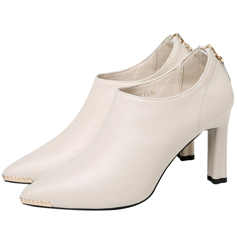 Ladies pointed toe thick heel single shoes, back zipper solid color women's shoes