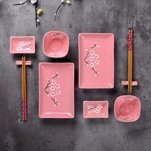 Load image into Gallery viewer, Panbado Japanese Style Pink Porcelain Sushi Set with 2*Sushi Plate,Bowl,Dip Dishes,Bamboo Chopstick,Sticks Stand Set Gift Box
