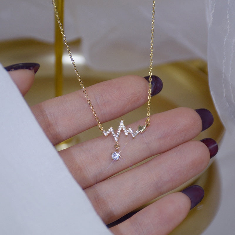 14K Real Gold Fashion Design Signal Fluctuation Shape Necklace Micro Inlay Zircon Women Choker Koyle Jewelry Pendant Gfit