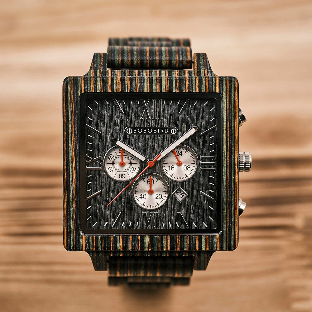 BOBO BIRD Wood Chronograph Men Watches zegarek meski Stopwatch Man Ebony Wood Calendar Wristwatches in Wooden Gift Box Dropship