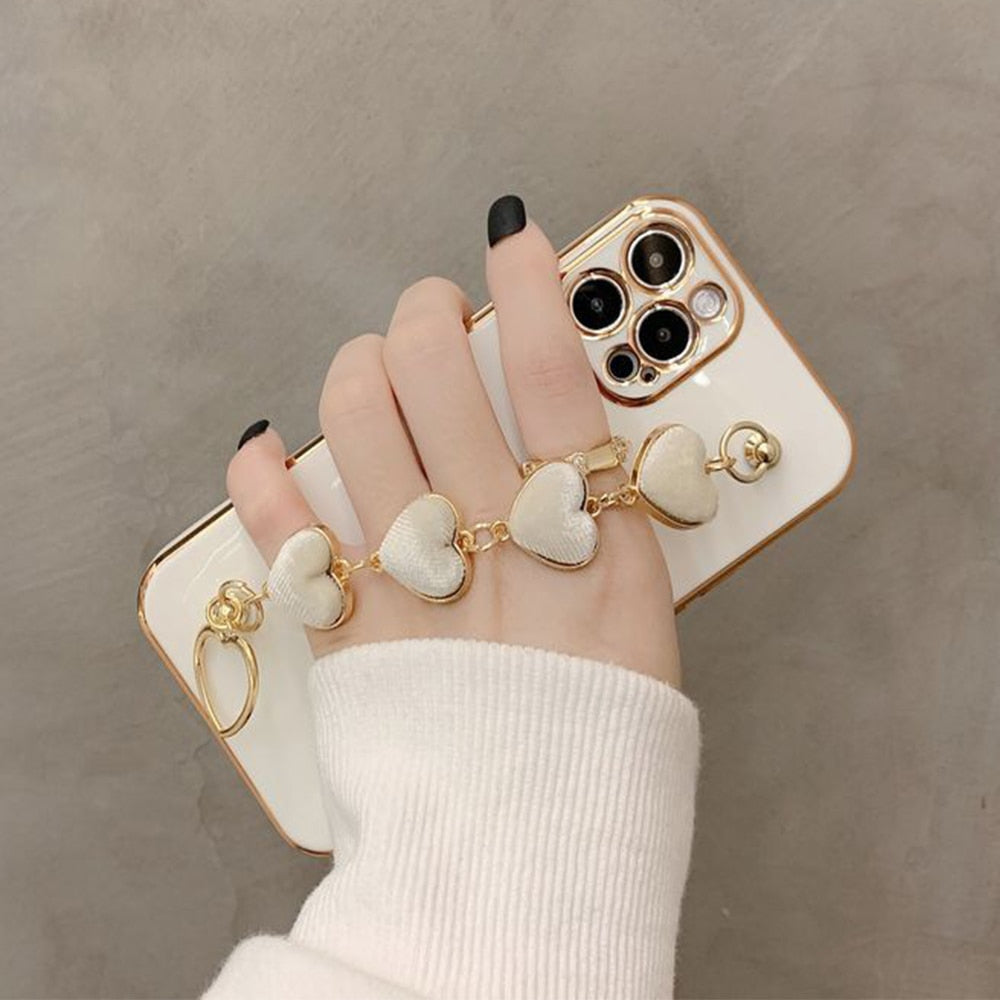 Plating Square Love Heart Chain Wrist Bracelet Phone Case For iPhone 12 11 Pro Max X XS XR 7 8 Plus Bumper Cover For iPhone 11