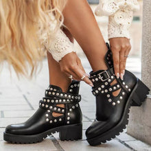 Load image into Gallery viewer, Women Short Boots 2021 Ladies Leather Ankle Boots Autumn Platform Motorcycle Shoes For Woman&#39;s Punk 36-42 Winter Pearl Rivet Sho
