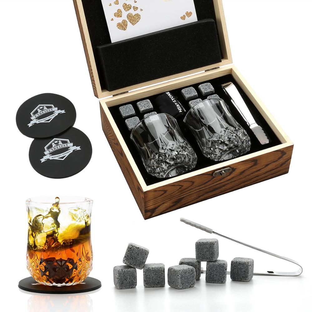 Whiskey Stones & Glasses Set with Coasters, Granite Ice Cubes for Whisky, Whiski Chilling Rocks in Wooden Box, Gift for Dad, Men