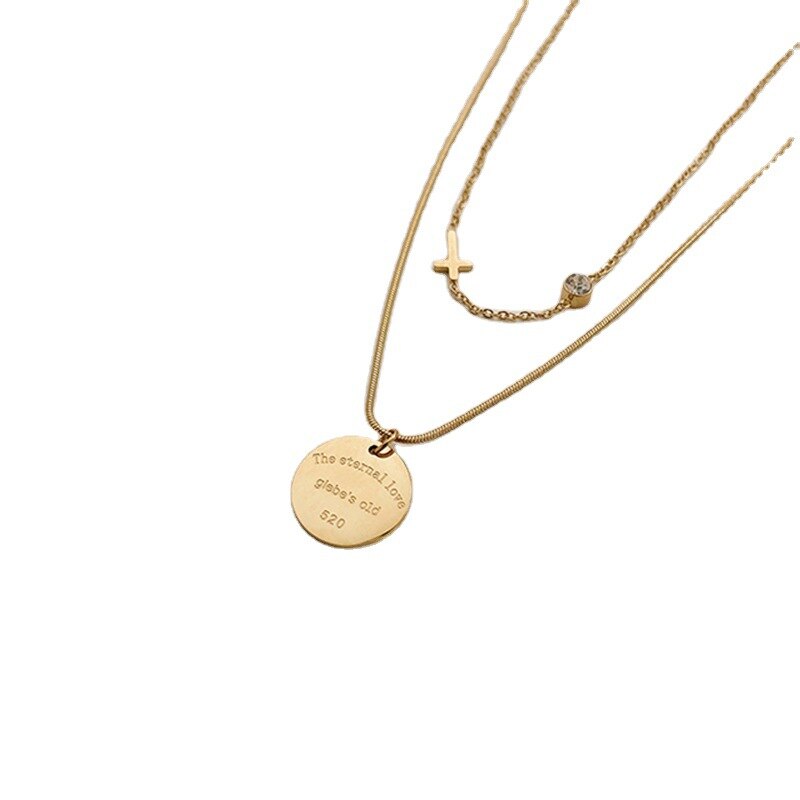 Minar Double Layered Letter Coin Pendant Necklace for Women Lady Gold Color Titanium Steel Cross Snake Chain Chokers Necklaces