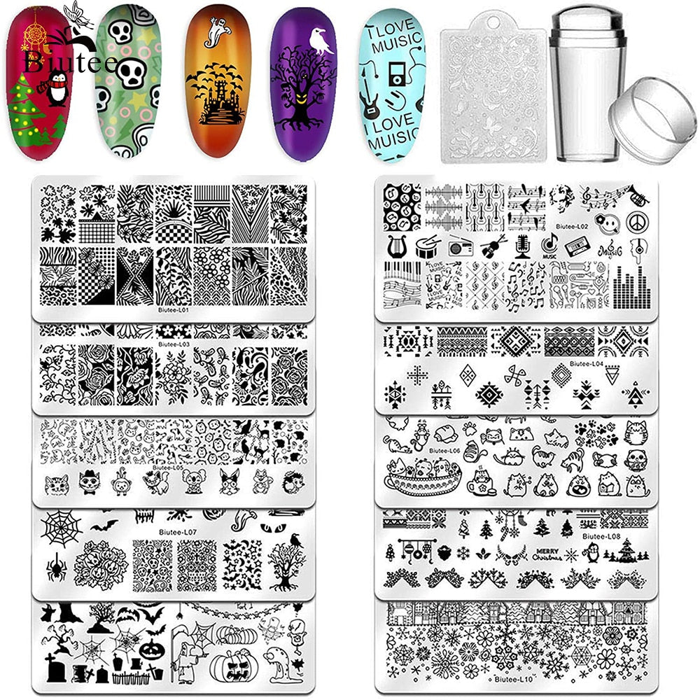 BIUTEE 10pcs/kit Nail Art Stamping Plates With Stamper Nail Art Plates Set Flower Christmas Holloween Design Manicure Stencil
