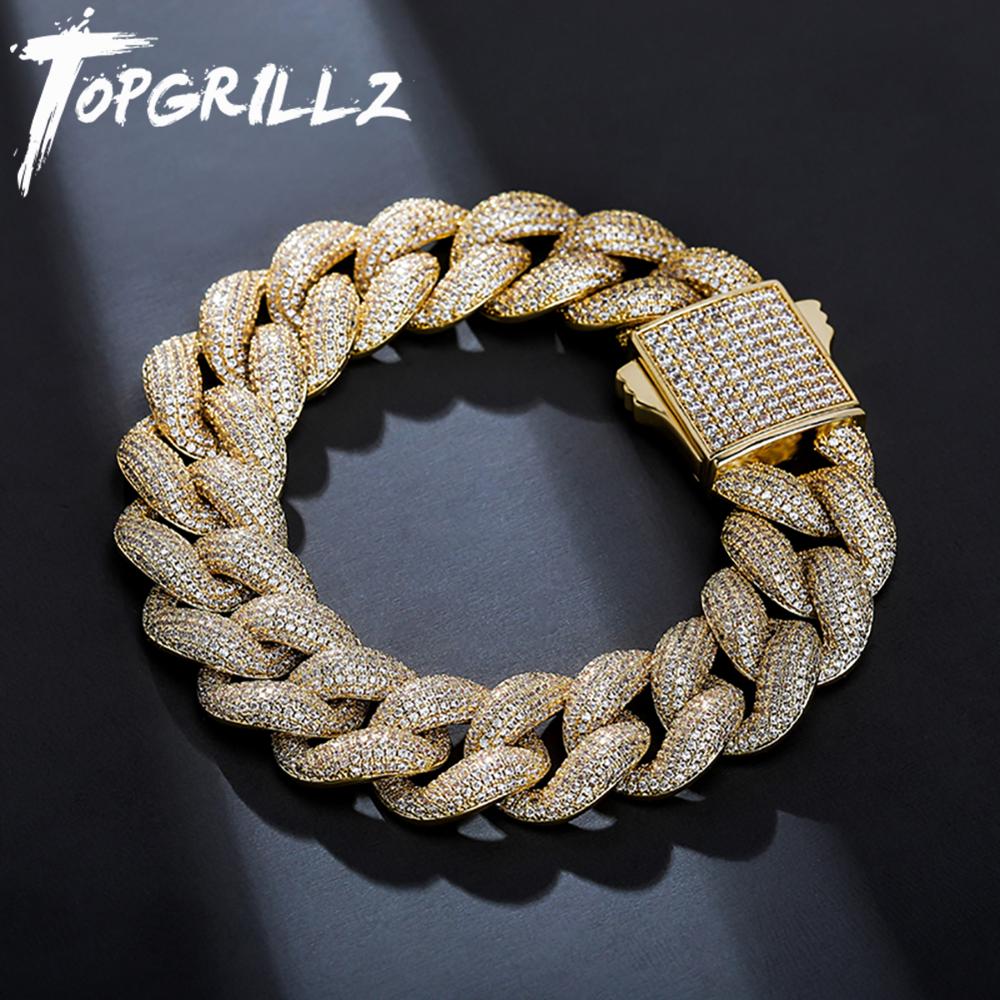 TOPGRILLZ 18mm Luxury Mens Miami Cuban Chain Bracelet New Spring Clasp Iced Micro Pave Cubic Zirconia Hip Hop Jewelry Gift