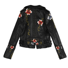 Load image into Gallery viewer, Ftlzz Women Floral Print Embroidery Faux Soft Leather Jacket Coat  Turn-down Collar Casual Pu Motorcycle Black Punk Outerwear
