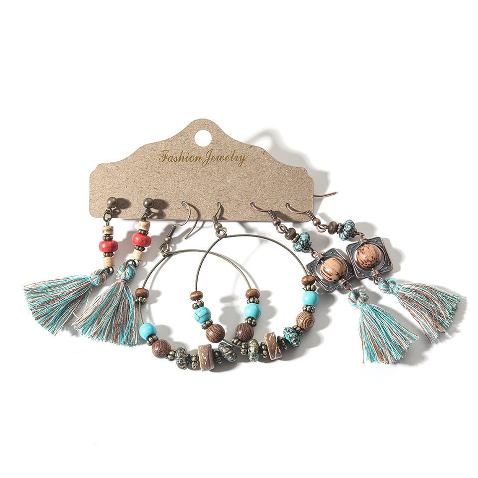 Vintage Elegant Natural Wood Beads Drop Earrings Set For Women Boho Round Hoop Long Tassel Hanging Earring 2020Wholesale Jewelry