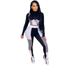 Load image into Gallery viewer, Casual Two Piece Set Women Color Patchwork Full Sleeve Shirt Crop Top + Long Pant Tracksuit Sportsuit Clothes For Women Outfit
