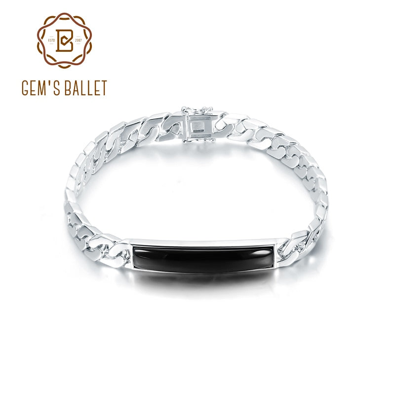 GEM'S BALLET Natural Black Onyx Bracelets for Men Women 925 Sterling Silver Casual Bar Chain Bracelet Bangle Party Jewelry