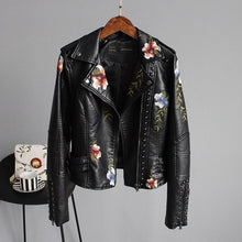 Load image into Gallery viewer, Ftlzz Women Floral Print Embroidery Faux Soft Leather Jacket Coat  Turn-down Collar Casual Pu Motorcycle Black Punk Outerwear
