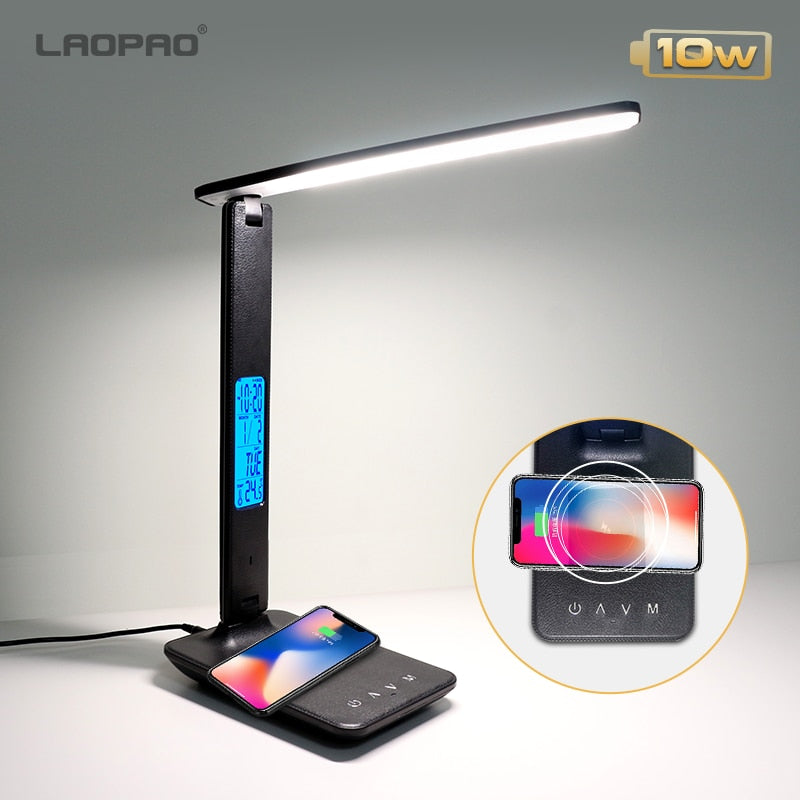 LAOPAO 10W QI Wireless Charging LED Desk Lamp With Calendar Temperature Alarm Clock Eye Protect Study Business Light Table Lamp