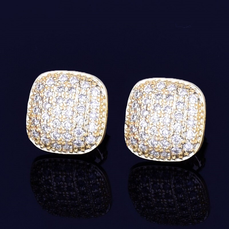 10MM Square Men Women Stud Earring Gold Color Full Cubic Zircon Screw Back Earrings Hip Hop Jewelry for Gift